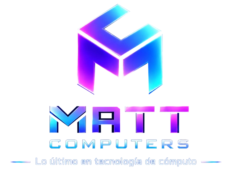 Logo original de Matt Computers: monograma, nombre y lema en azul, cian y magenta